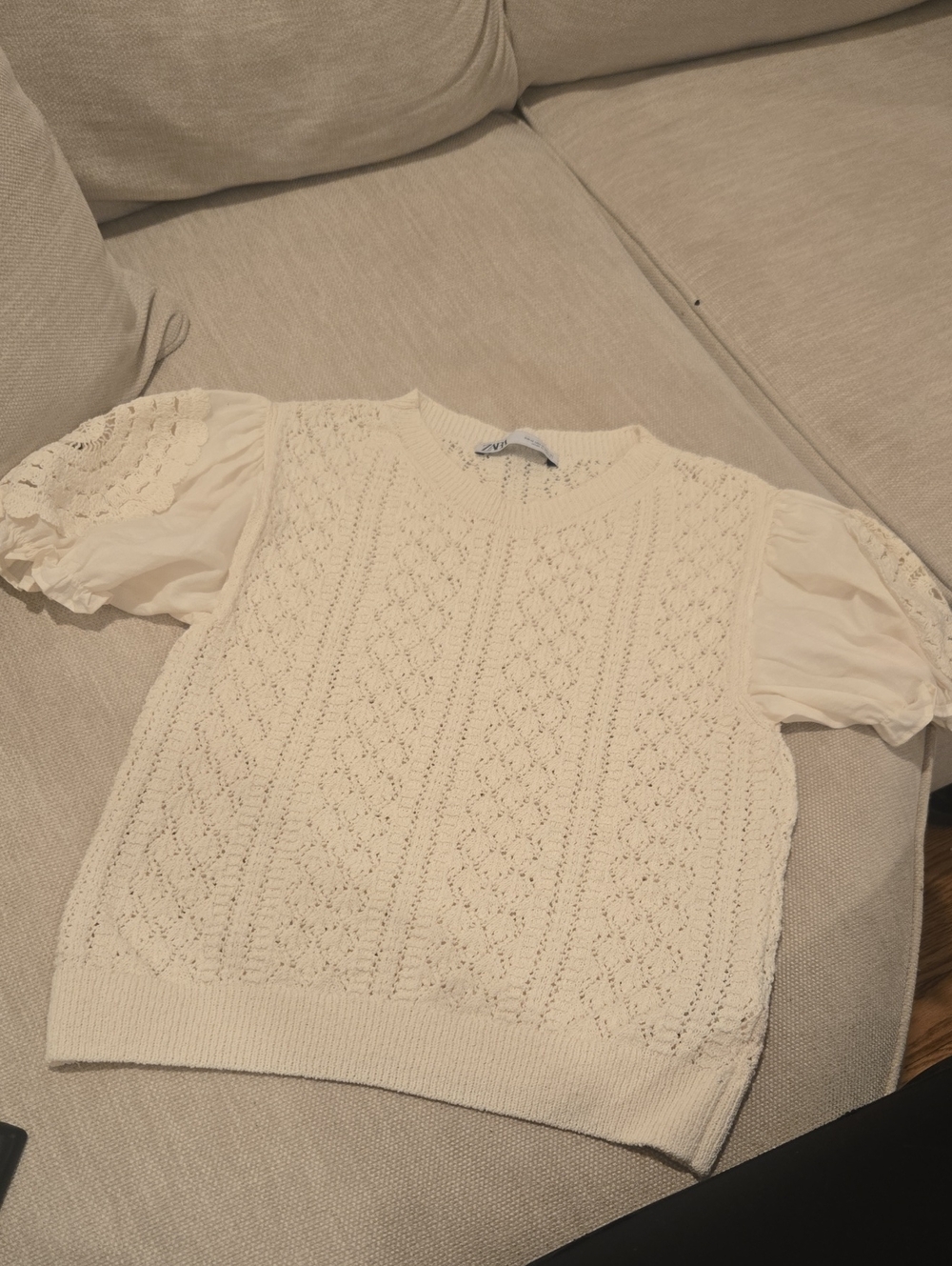 Zara Cream Lace Knit Short Sleeve Sweater